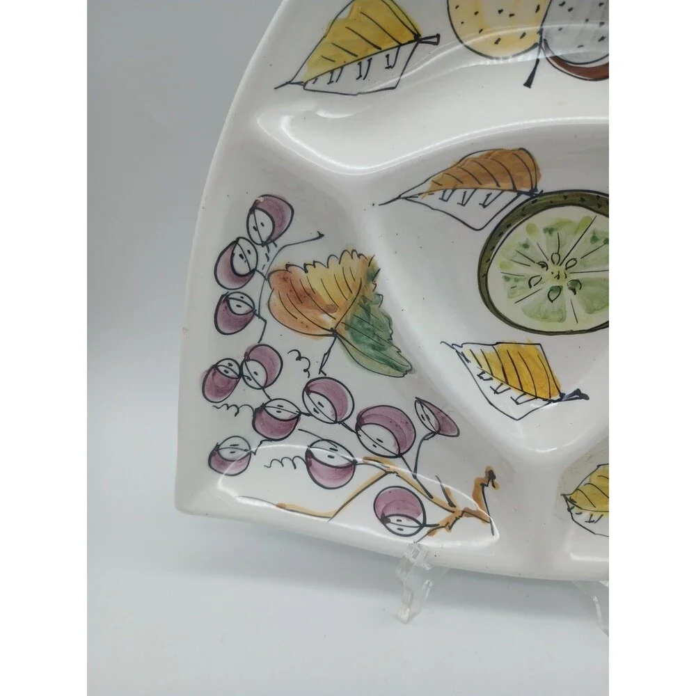 Vtg Hand Painted Italian Divided Serving Dish Platter Tray Fruit Harvest
